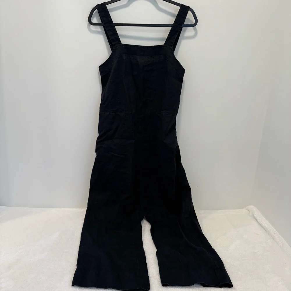 Everlane Womens 100% Linen Square-Neck Jumpsuit in Black Pockets Straps Size 4